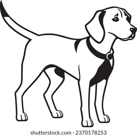 An illustration of a cute black-and-white puppy, possibly a beagle, pointer or cop dog, made in monochrome