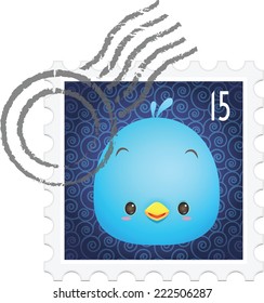 Illustration of cute blue bird on the stamp / postage