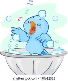 Illustration of a Cute Blue Bird Singing Happily While Taking a Bubble Bath