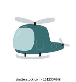 illustration of a cute blue helicopter on a white background. for design, children's print for a boy. in flat style drawn by hand, vector.