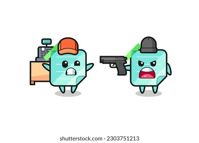 illustration of the cute blue sticky notes as a cashier is pointed a gun by a robber , cute style design for t shirt, sticker, logo element