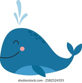 Illustration of cute blue whale isolated on white background. Funny sea underwater character