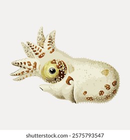 Illustration of a cute bobtail squid with a speckled pattern. The squid's tentacles and large eye are prominent. Adorable and detailed marine life art. Vintage animal illustration isolated, vector.