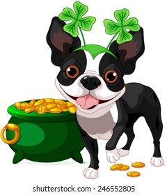 Illustration of cute Boston Terrier celebrates Saint Patrick Day