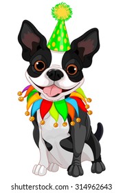 Illustration of cute Boston terrier celebrating