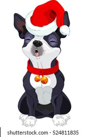 
Illustration of cute Boston terrier singing Christmas Carol
