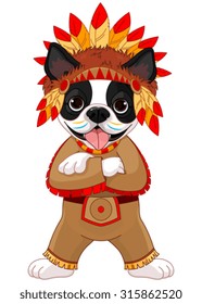 Illustration of cute Boston terrier wears Native American costume