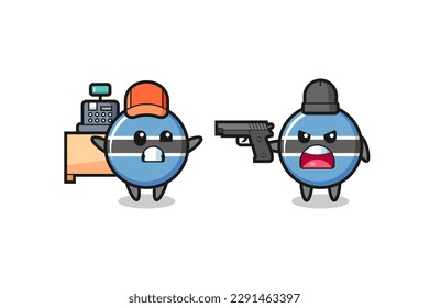Illustration des süßen Botswana-Flaggenschildes als Kassierer wird mit einer Waffe von einem Räuber gezeigt, niedliches Design für T-Shirt, Aufkleber, Logo-Element