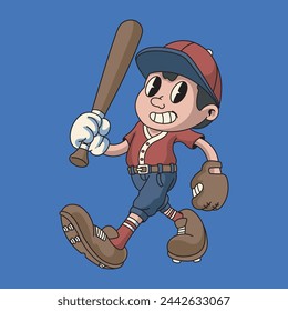 Illustration of Cute Boy Baseball Bat Player Sport Retro Mascot Character Cartoon Design	
