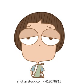 Illustration cute boy with a broken arm in a cast on white background.
