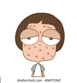 Illustration cute boy chickenpox on face on white background.