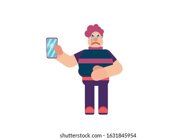 An illustration of a cute boy crying because his phone has broken. A damaged goods vector illustration, this illustration can use as a sticker also. 