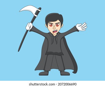An illustration of a cute boy with ghost costume and holding an ax