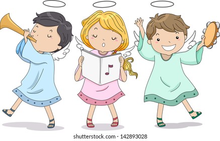 Illustration of Cute Boy and Girl Angels Praising with Music