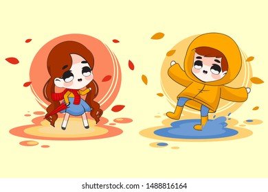 Illustration of Cute Boy and Girl Character or Chibi in Autumn Seasons at Couple Set