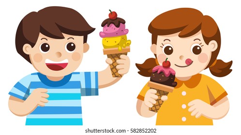 illustration of cute boy and girl eating ice-cream.