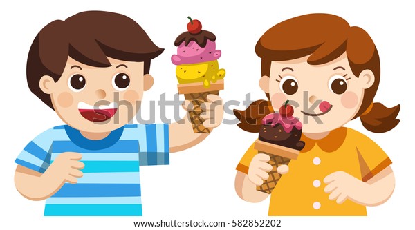 アイスクリームを食べている可愛い男の子と女の子のイラスト の
