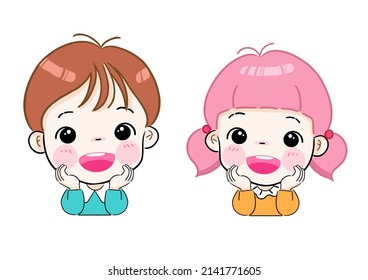 Illustration of cute boy and girl holding hands on their chins and smiling