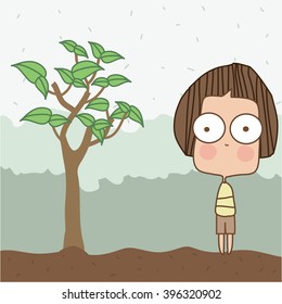 Illustration cute boy growing with trees 3.