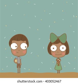 Illustration cute boy holding a ball and cute girl with bowl falling in love.