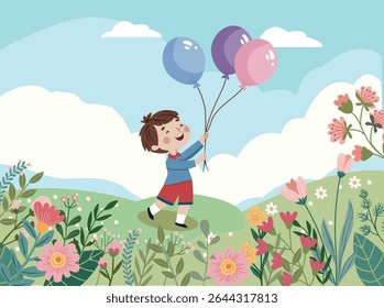 Illustration of cute boy holding balloons in hand and feeling happy against the backdrop of a meadow. Cartoon style vector illustration
