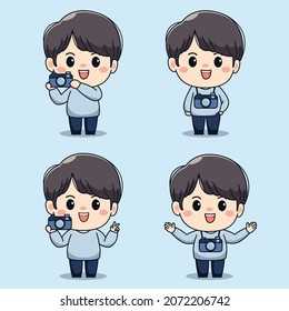 Illustration of cute boy holding camera with various pose. Kawaii character design.