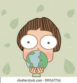 Illustration cute boy holding earth.