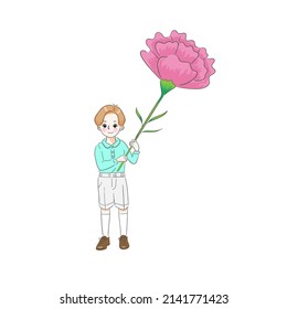 Illustration of a cute boy holding a large carnation and smiling