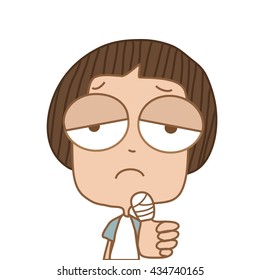 Illustration cute boy injury thumb bandage on withe background.