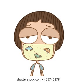 Illustration cute boy with mash,cough on white background.