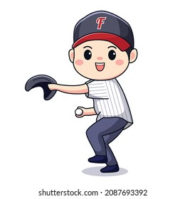 Illustration of a cute boy playing baseball kawaii chibi character design