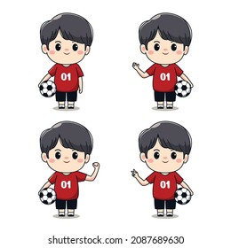 Illustration of a cute boy playing football kawaii character design