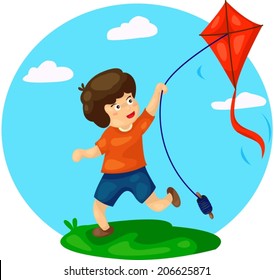 illustration of cute boy playing kite