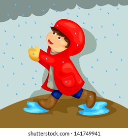 illustration of cute boy playing in the rain