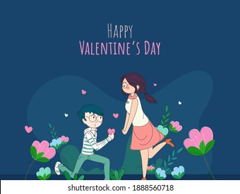 Illustration Of Cute Boy Proposing His Girlfriend On Floral Blue Background For Happy Valentine's Day Concept.