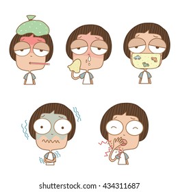 Illustration cute boy set chill,cough,runny nose,fever on white background.