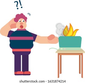 An illustration of a cute boy was shocked by his on-fire oven. A damaged goods vector illustration, this illustration can use as a sticker also. 