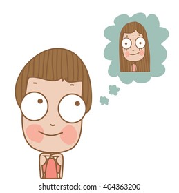 Illustration cute boy shy when reminded of his girlfriend on white background.