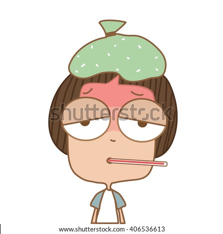 Illustration cute boy sick with thermometer and ice bag on white background.