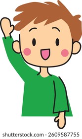 Illustration of a cute boy smiling and raising his hand. Colorful, simple, flat and green. Vector illustration	