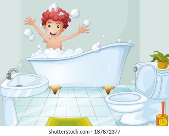 Illustration of a cute boy taking a bath