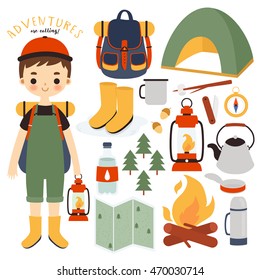 illustration of cute boy traveler with different hiking stuff. cute little traveler set. can be used for cards, poster and party invitations
