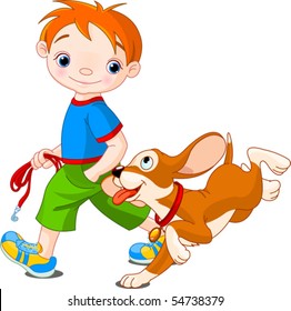 Illustration of cute Boy walk the dog