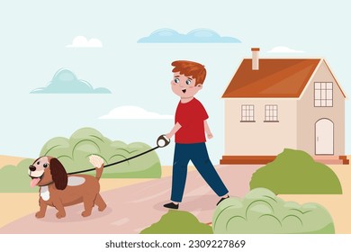Illustration with a cute boy and boy walking outside. Care, love, leisure concept illustration with a child and dog. 