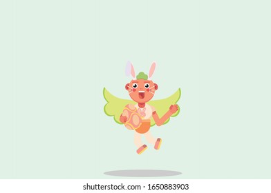 An illustration of a cute boy wearing a bunny costume and flying. A vector of Easter character, this illustration can use as a sticker also. 