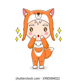 Illustration of Cute boy wearing fox costume isolated white background
