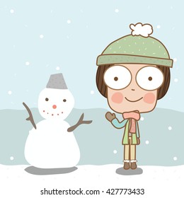 Illustration cute boy with winter clothes and snowman among snow fall.