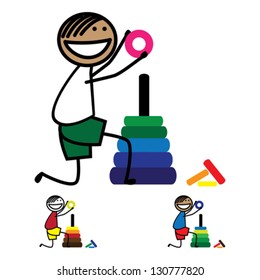 Illustration of cute boy(kid) holding a ring of round color tower. The graphic shows smiling and happy child playing with colorful circles and having fun