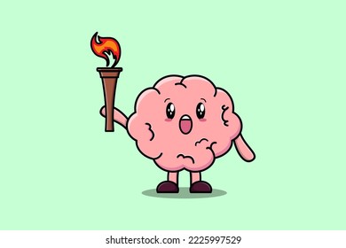 Ilustración de un lindo personaje de caricatura del cerebro sosteniendo una antorcha de fuego en un diseño moderno y plano