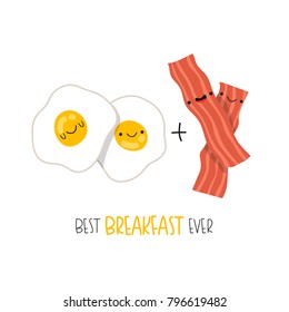 illustration of cute breakfast set. cartoon eggs and bacon breakfast with bunny faces. can be used like stickers or for cards design 